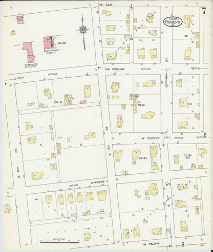 Sanborn Fire Insurance Map from Rogers, Benton County, Arkansas (1914), Sheet #0007 - Complete Map Set gallery image, historic Sanborn map, vintage wall art, Arkansas Arkansas
