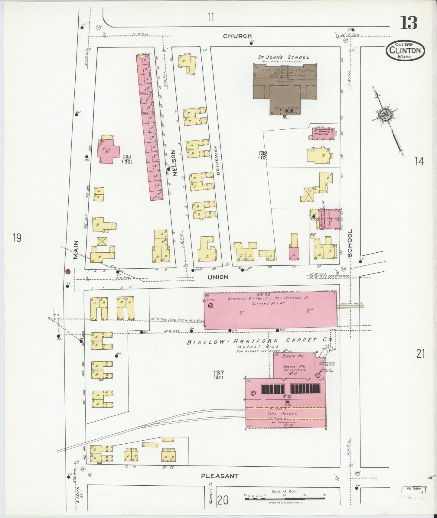 Sanborn Fire Insurance Map from Clinton, Worcester County, Massachusetts (1919), Sheet #0013 - Complete Map Set gallery image, historic Sanborn map, vintage wall art, Massachusetts Massachusetts