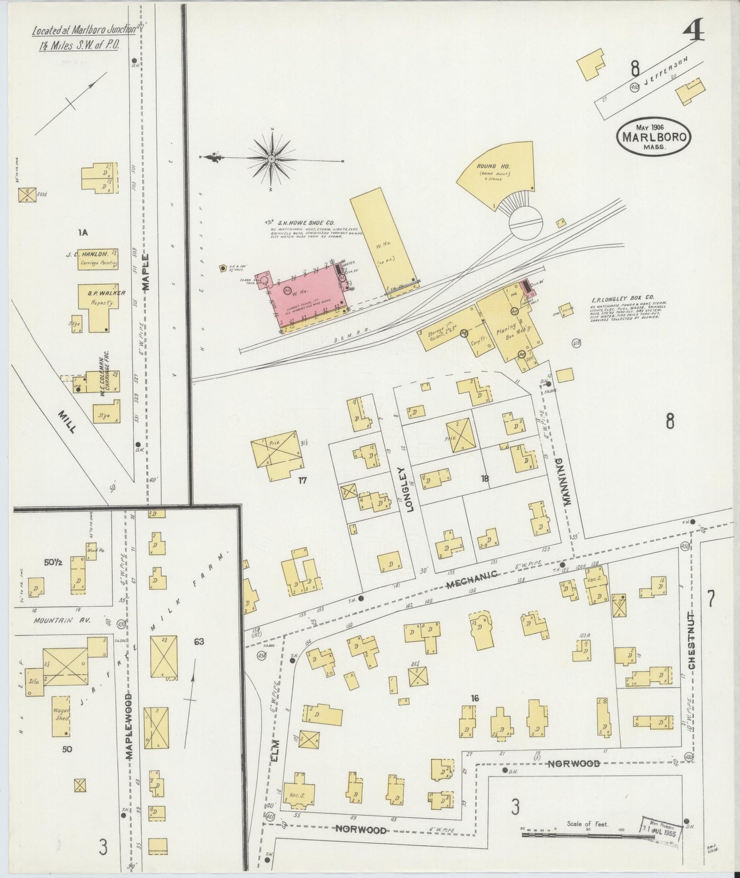 Sanborn Fire Insurance Map from Marlborough, Middlesex County, Massachusetts (1906), Sheet #0004 - Historic Sanborn Fire Insurance Map Print, vintage old map wall art, antique decor, genealogy gift, Massachusetts Massachusetts map