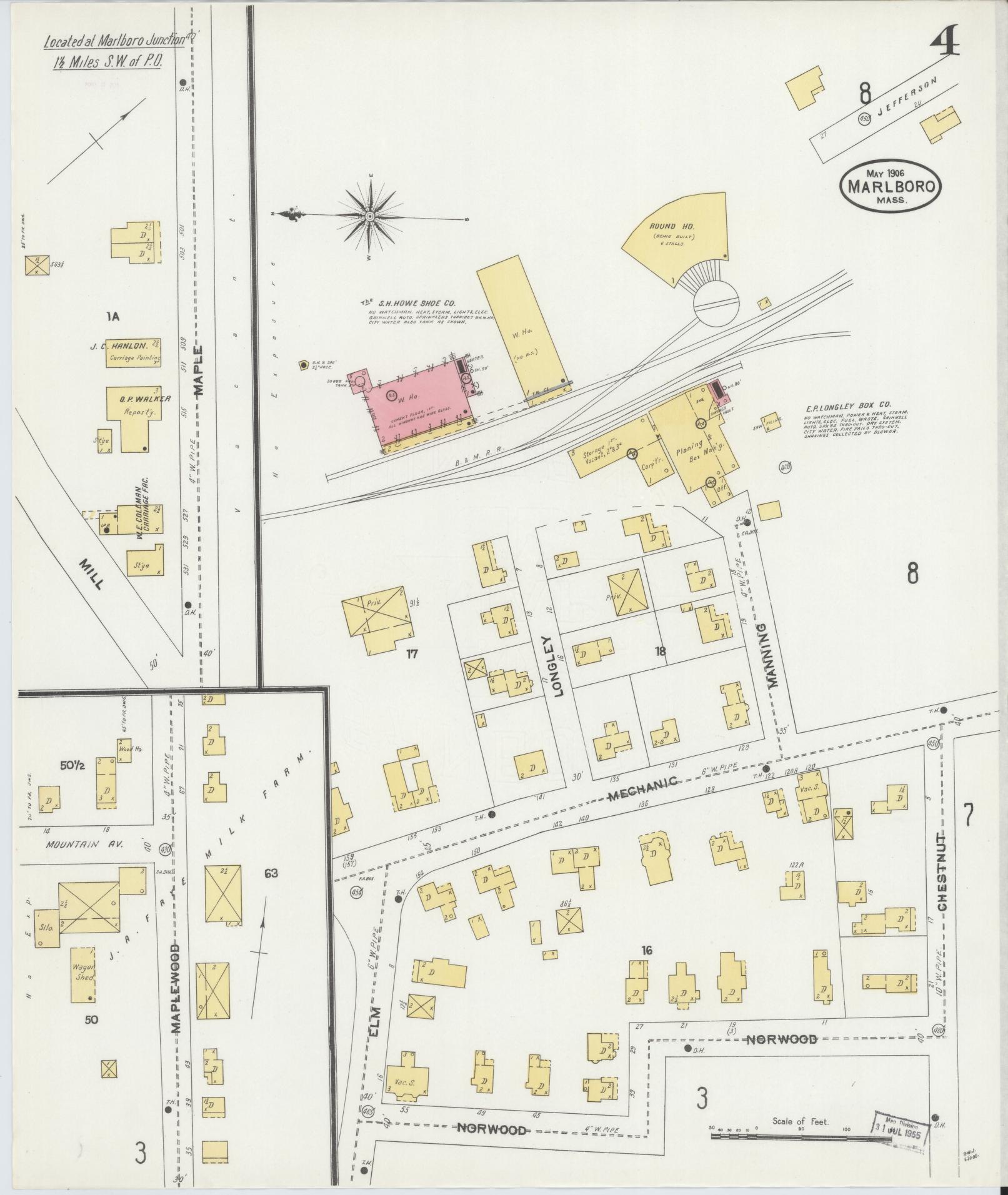 Sanborn Fire Insurance Map from Marlborough, Middlesex County, Massachusetts (1906), Sheet #0004 - Historic Sanborn Fire Insurance Map Print, vintage old map wall art, antique decor, genealogy gift, Massachusetts Massachusetts map