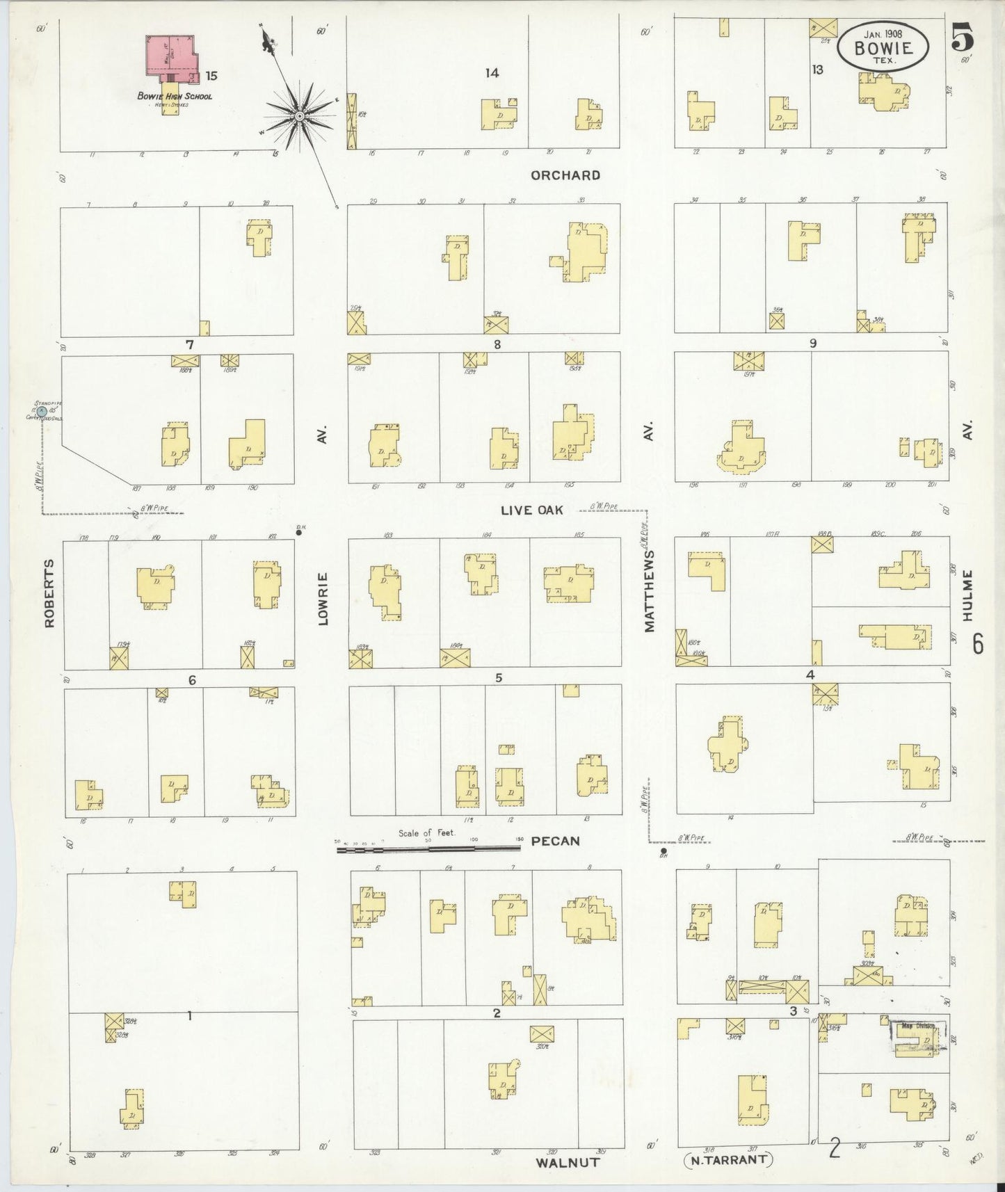 Sanborn Fire Insurance Map from Bowie, Montague County, Texas (1908), Sheet #0005 - Historic Sanborn Fire Insurance Map Print, vintage old map wall art, antique decor, genealogy gift, Texas Texas map