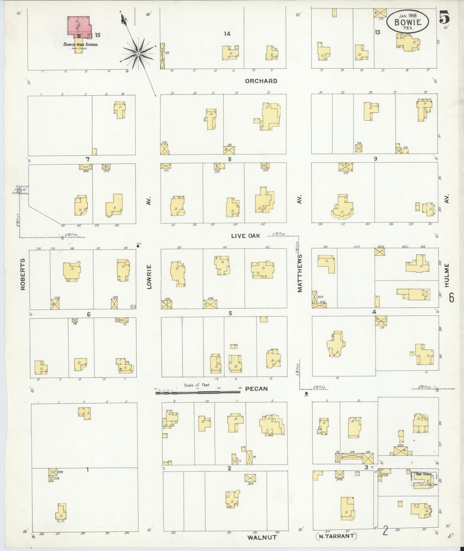Sanborn Fire Insurance Map from Bowie, Montague County, Texas (1908), Sheet #0005 - Historic Sanborn Fire Insurance Map Print, vintage old map wall art, antique decor, genealogy gift, Texas Texas map