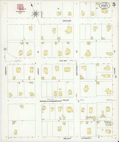 Sanborn Fire Insurance Map from Bowie, Montague County, Texas (1908), Sheet #0005 - Historic Sanborn Fire Insurance Map Print, vintage old map wall art, antique decor, genealogy gift, Texas Texas map
