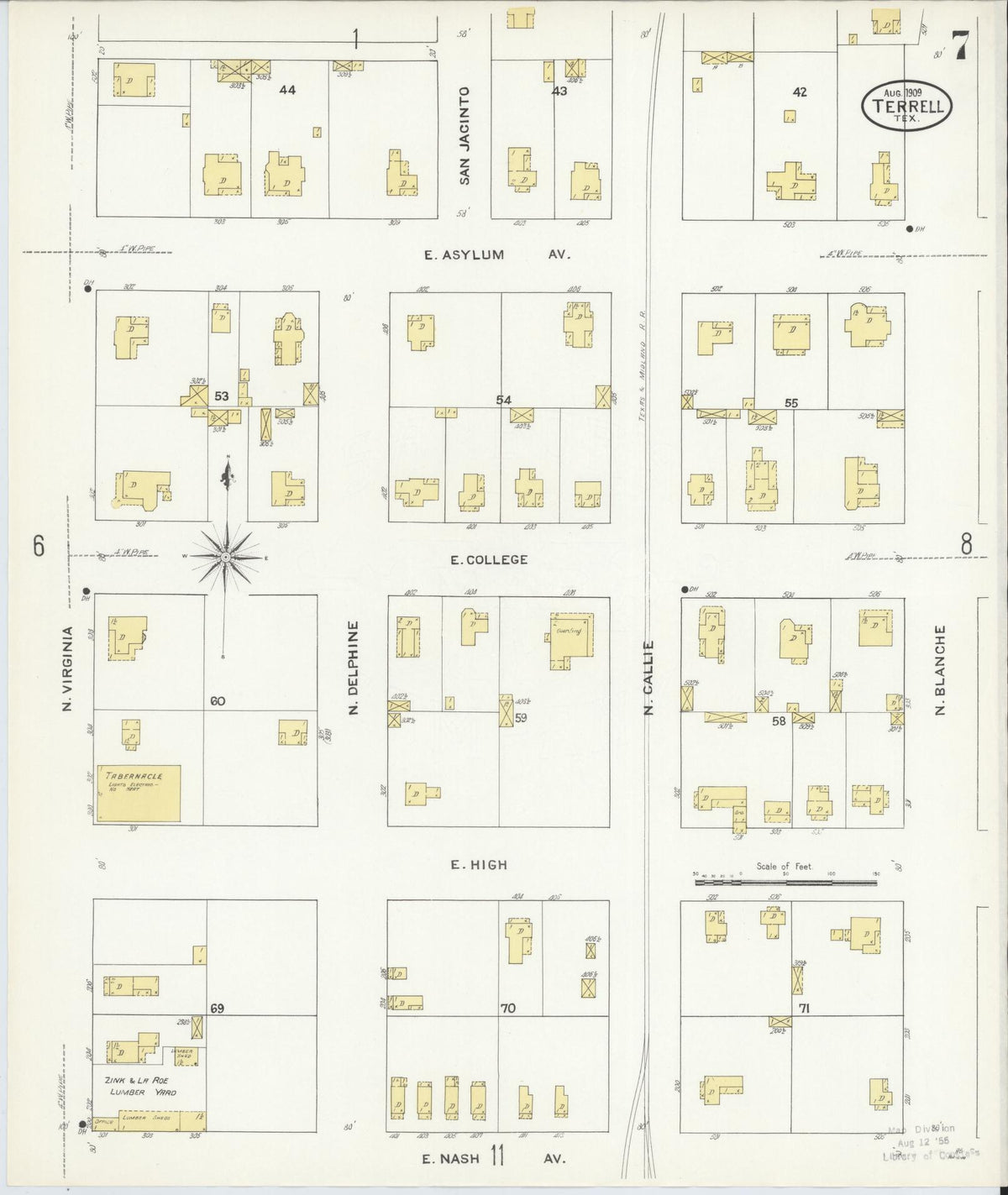 Sanborn Fire Insurance Map from Terrell, Kaufman County, Texas (1909), Sheet #0007 - Complete Map Set gallery image, historic Sanborn map, vintage wall art, Texas Texas