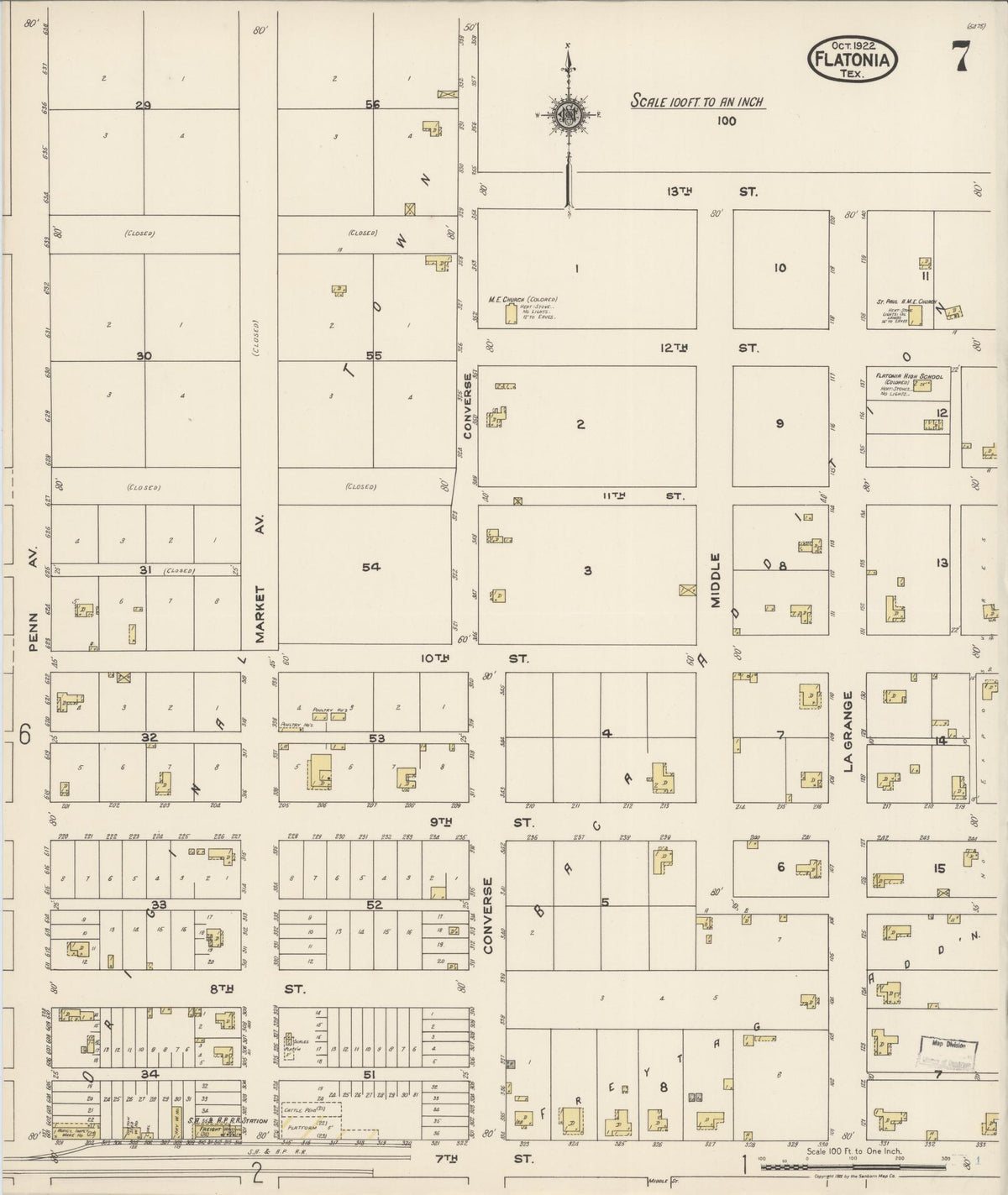 Sanborn Fire Insurance Map from Flatonia, Fayette County, Texas (1922), Sheet #0007 - Complete Map Set gallery image, historic Sanborn map, vintage wall art, Texas Texas
