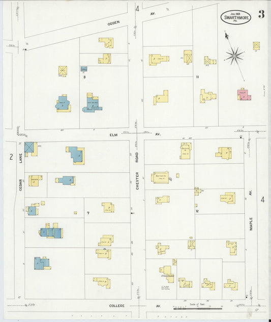 Sanborn Fire Insurance Map from Swarthmore, Delaware County, Pennsylvania (1909), Sheet #0003 - Historic Sanborn Fire Insurance Map Print, vintage old map wall art, antique decor, genealogy gift, Swarthmore Delaware map