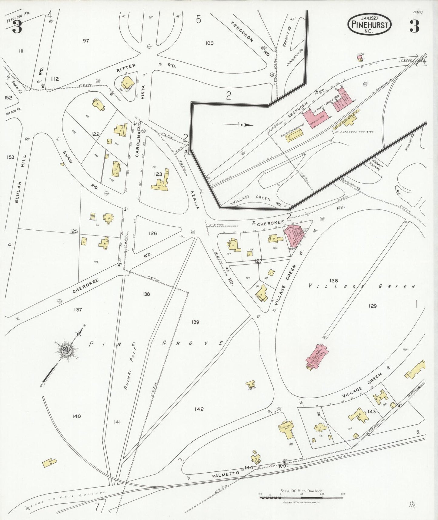 Sanborn Fire Insurance Map from Pinehurst, Moore County, North Carolina (1927), Sheet #0003 - Historic Sanborn Fire Insurance Map Print, vintage old map wall art, antique decor, genealogy gift, North Carolina North Carolina map