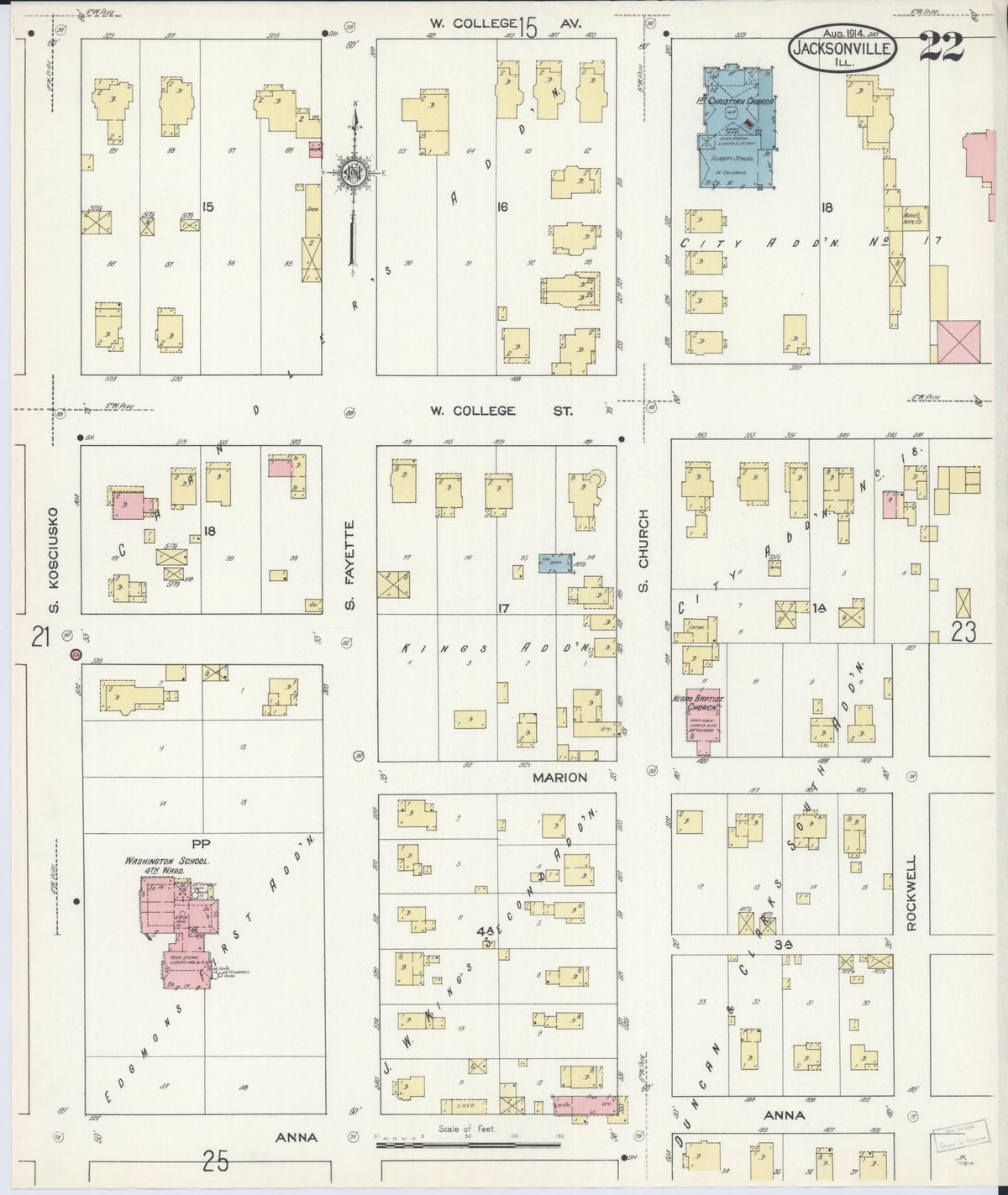 Sanborn Fire Insurance Map from Jacksonville, Morgan County, Illinois (1914), Sheet #0022 - Historic Sanborn Fire Insurance Map Print, vintage old map wall art, antique decor, genealogy gift, Illinois Illinois map