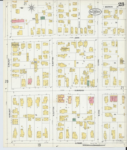 Sanborn Fire Insurance Map from Kalamazoo, Kalamazoo County, Michigan (1902), Sheet #0023 - Historic Sanborn Fire Insurance Map Print, vintage old map wall art, antique decor, genealogy gift, Michigan Michigan map