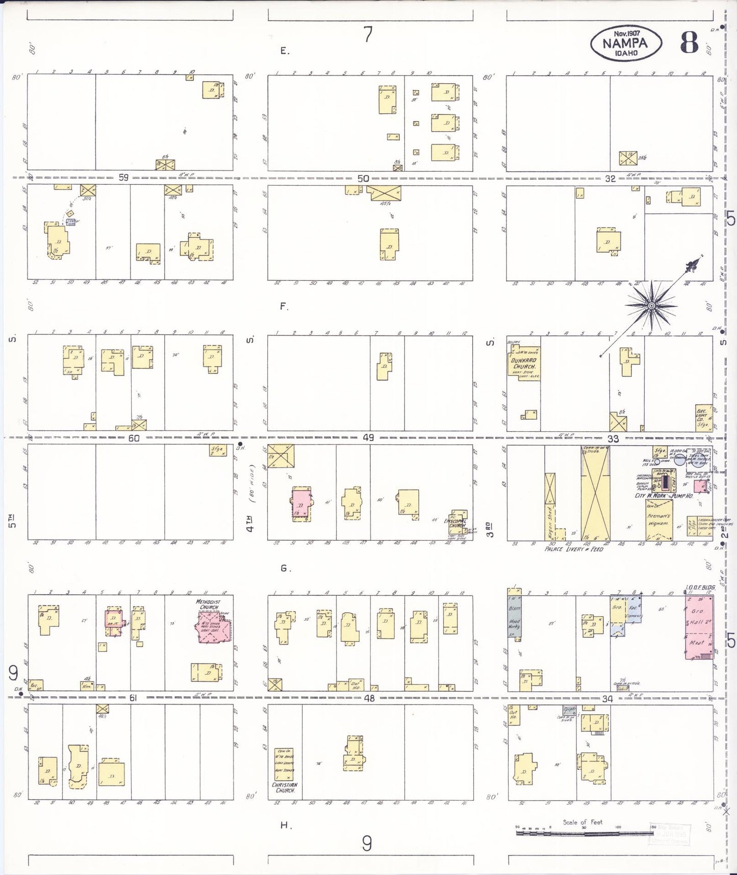 Sanborn Fire Insurance Map from Nampa, Canyon County, Idaho (1907), Sheet #0008 - Complete Map Set gallery image, historic Sanborn map, vintage wall art, Idaho Idaho