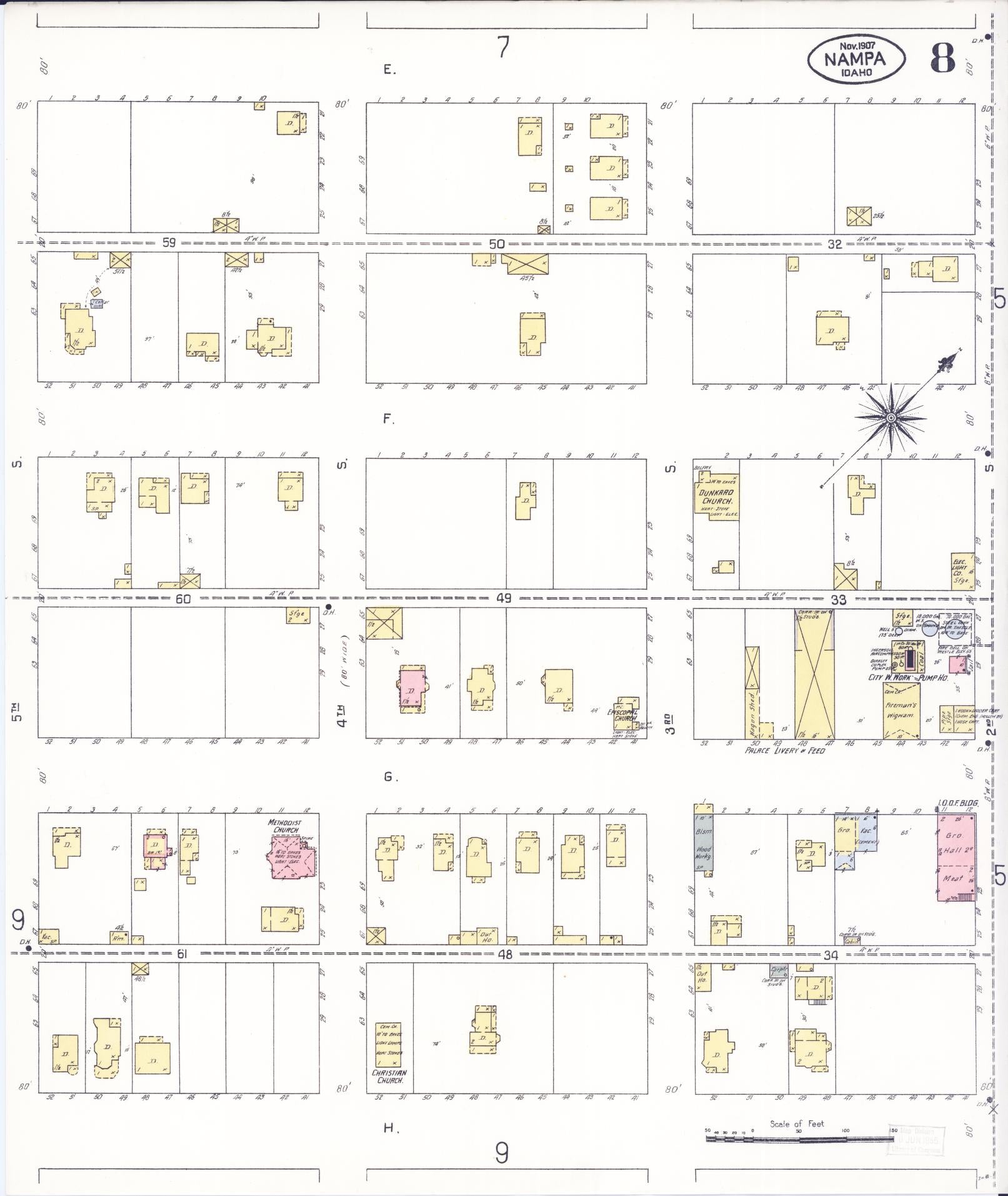 Sanborn Fire Insurance Map from Nampa, Canyon County, Idaho (1907), Sheet #0008 - Complete Map Set gallery image, historic Sanborn map, vintage wall art, Idaho Idaho
