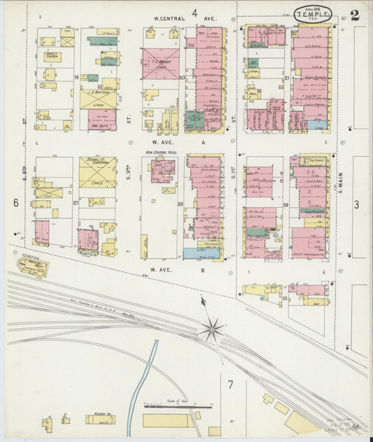 Sanborn Fire Insurance Map from Temple, Bell County, Texas (1896), Sheet #0002 - Historic Sanborn Fire Insurance Map Print, vintage old map wall art, antique decor, genealogy gift, Texas Texas map