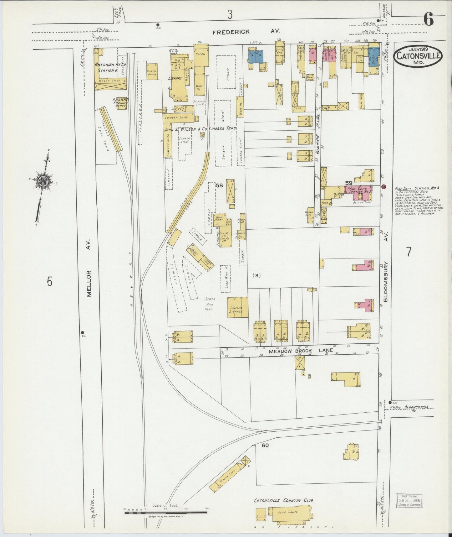 Sanborn Fire Insurance Map from Catonsville, Baltimore County, Maryland (1919), Sheet #0006 - Historic Sanborn Fire Insurance Map Print, vintage old map wall art, antique decor, genealogy gift, Maryland Maryland map