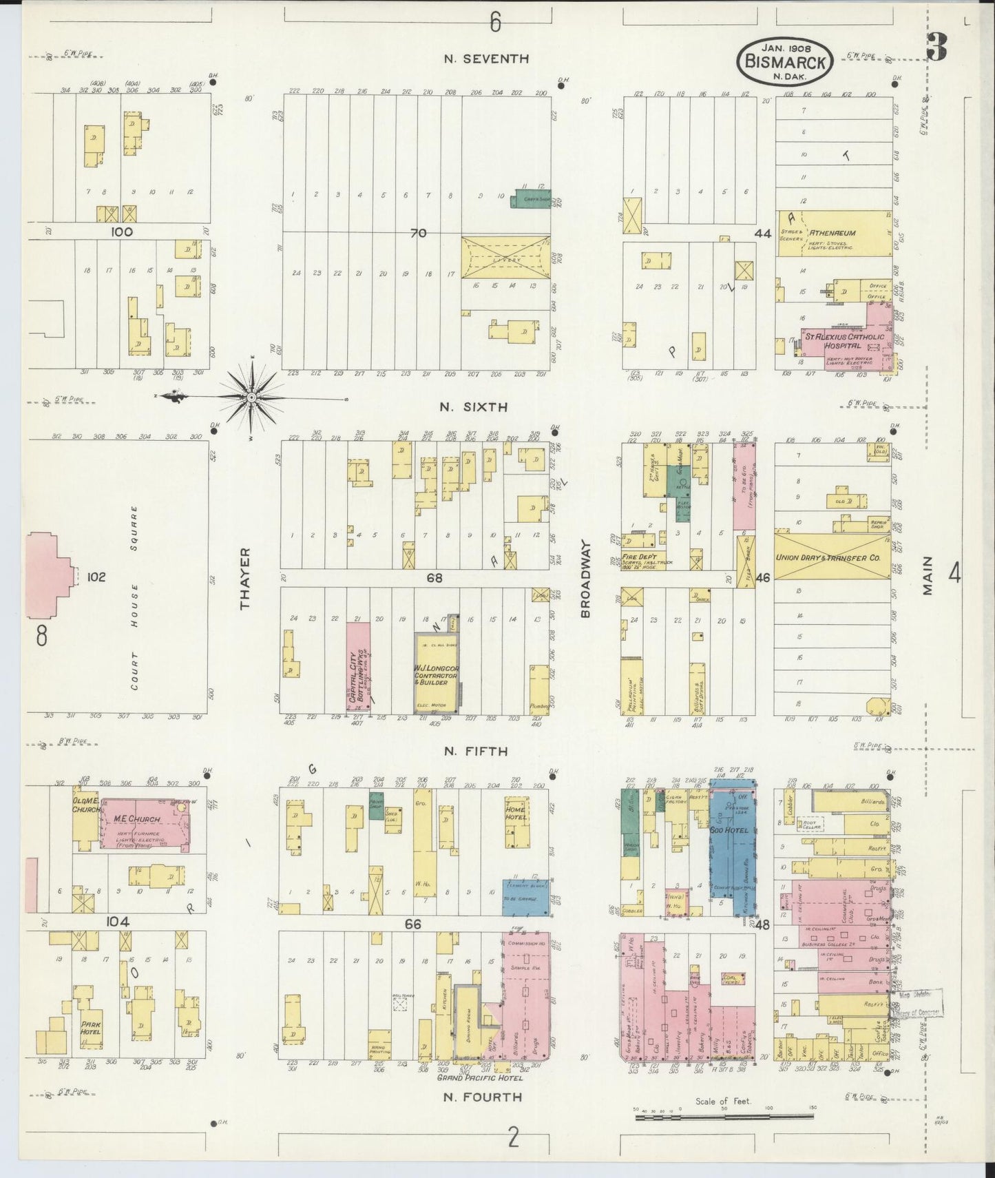 Sanborn Fire Insurance Map from Bismarck, Burleigh County, North Dakota (1906), Sheet #0003 - Complete Map Set gallery image, historic Sanborn map, vintage wall art, North Dakota North Dakota
