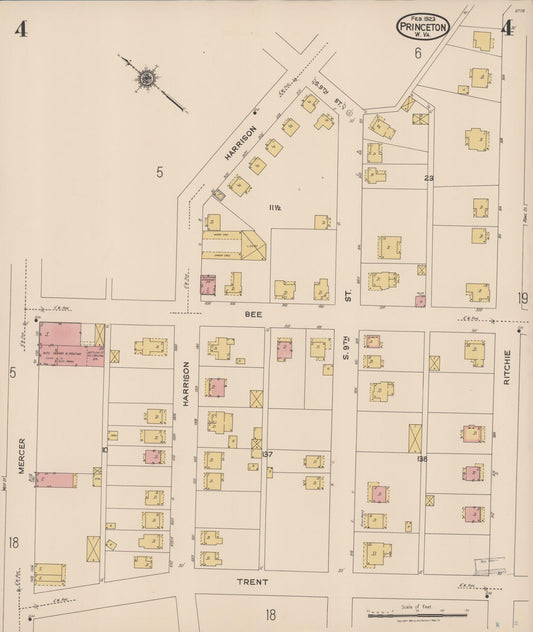 Sanborn Fire Insurance Map from Princeton, Mercer County, West Virginia (1923), Sheet #0004 - Historic Sanborn Fire Insurance Map Print, vintage old map wall art, antique decor, genealogy gift, West Virginia West Virginia map