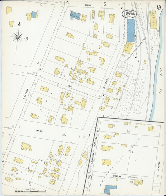 Sanborn Fire Insurance Map from Batavia, Kane County, Illinois (1907), Sheet #0009 - Historic Sanborn Fire Insurance Map Print, vintage old map wall art, antique decor, genealogy gift, Illinois Illinois map