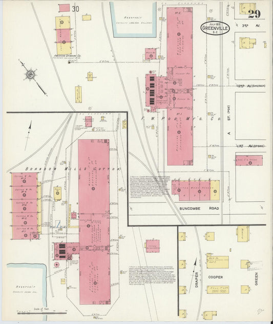 Sanborn Fire Insurance Map from Greenville, Greenville County, South Carolina (1913), Sheet #0029 - Historic Sanborn Fire Insurance Map Print, vintage old map wall art, antique decor, genealogy gift, South Carolina South Carolina map