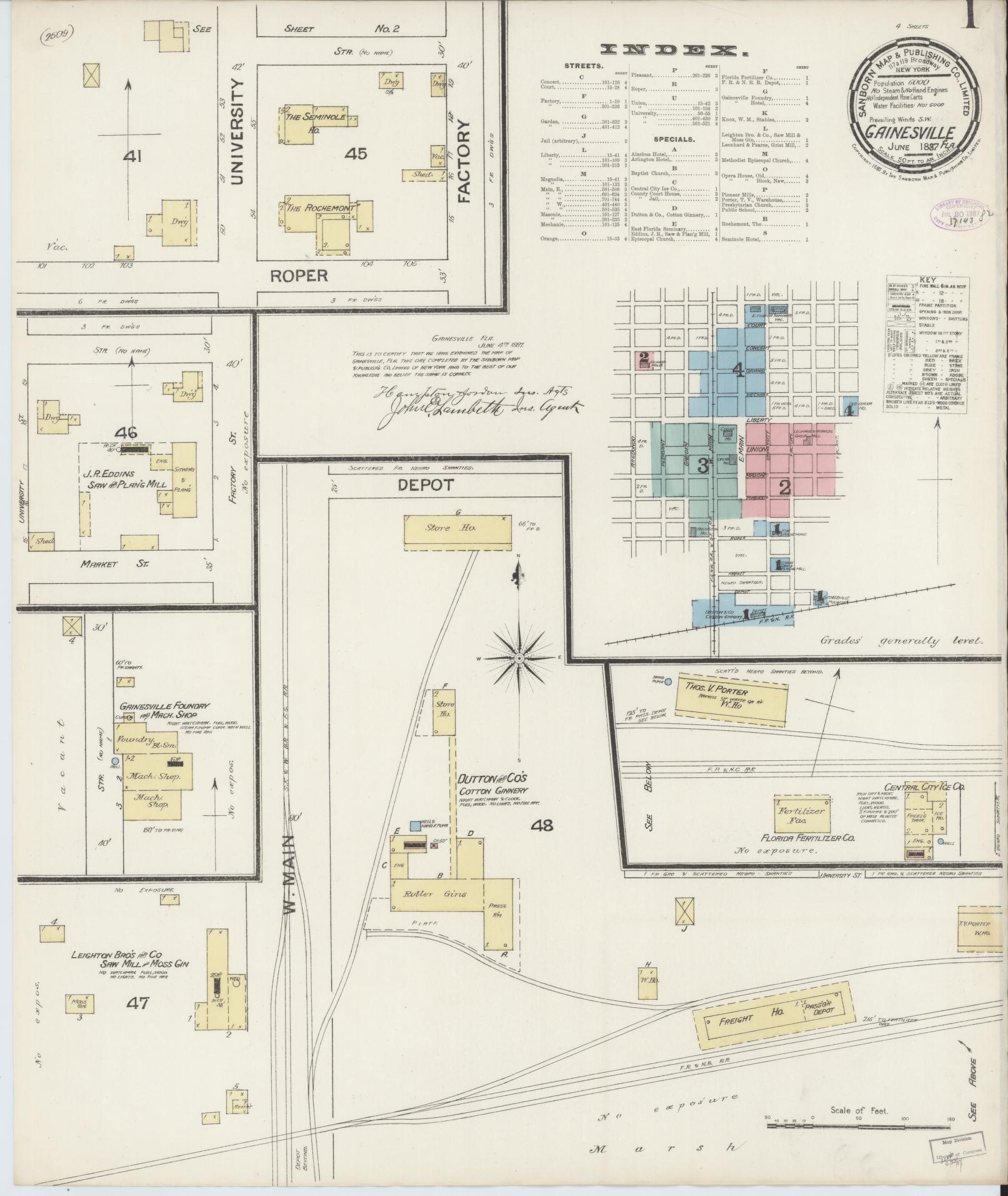 Sanborn Fire Insurance Map from Gainesville, Alachua County, Florida (1887), Sheet #0001 - Historic Sanborn Fire Insurance Map Print, vintage old map wall art, antique decor, genealogy gift, Florida Florida map