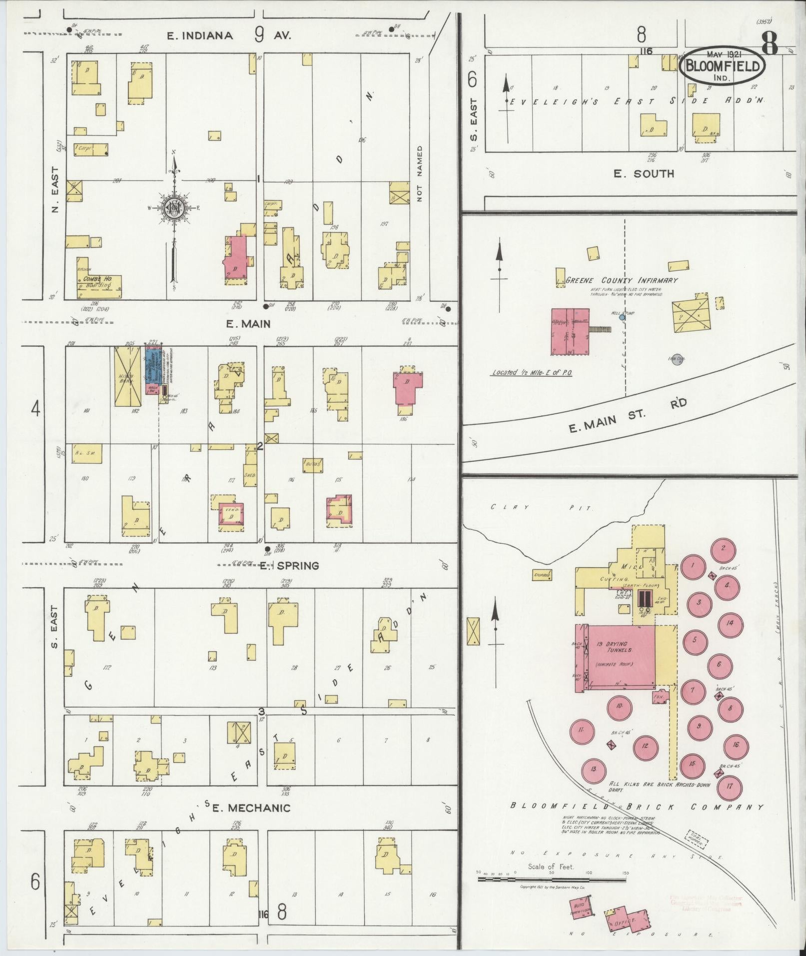 Sanborn Fire Insurance Map from Bloomfield, Greene County, Indiana (1921), Sheet #0008 - Complete Map Set gallery image, historic Sanborn map, vintage wall art, Indiana Indiana