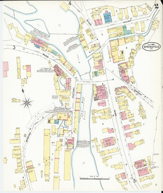 Sanborn Fire Insurance Map from Springfield, Windsor County, Vermont (1905), Sheet #0002 - Historic Sanborn Fire Insurance Map Print, vintage old map wall art, antique decor, genealogy gift, Vermont Vermont map