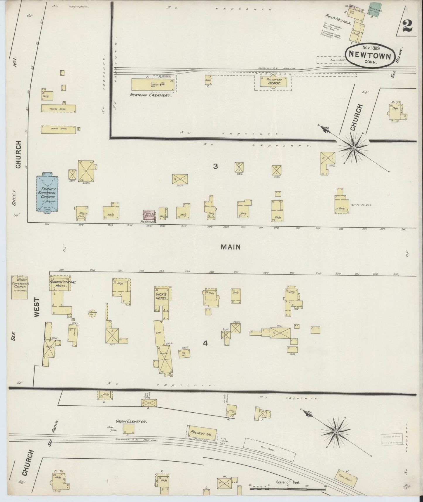 Sanborn Fire Insurance Map from Newtown, Fairfield County, Connecticut (1889), Sheet #0002 - Complete Map Set gallery image, historic Sanborn map, vintage wall art, Connecticut Connecticut