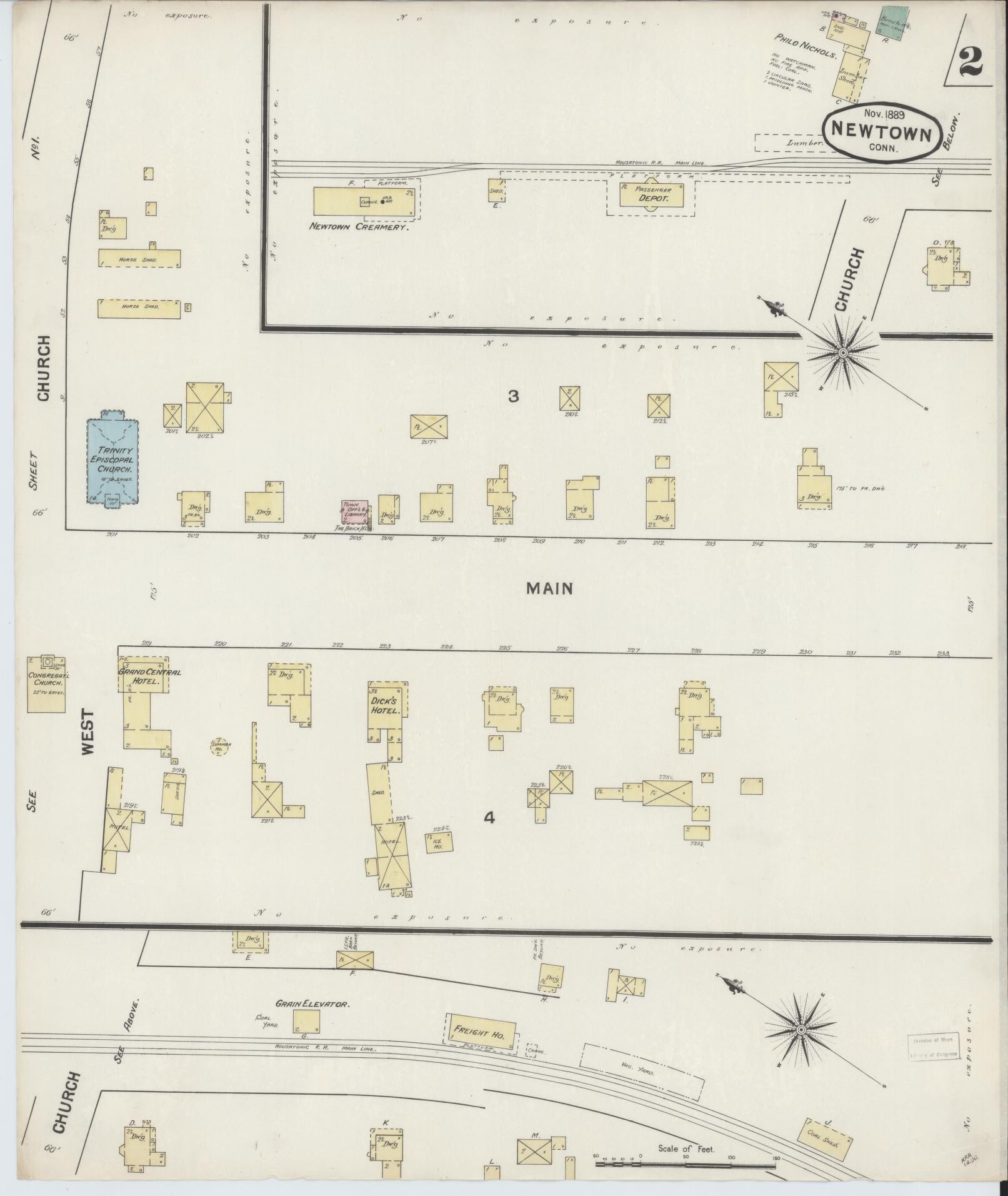 Sanborn Fire Insurance Map from Newtown, Fairfield County, Connecticut (1889), Sheet #0002 - Complete Map Set gallery image, historic Sanborn map, vintage wall art, Connecticut Connecticut