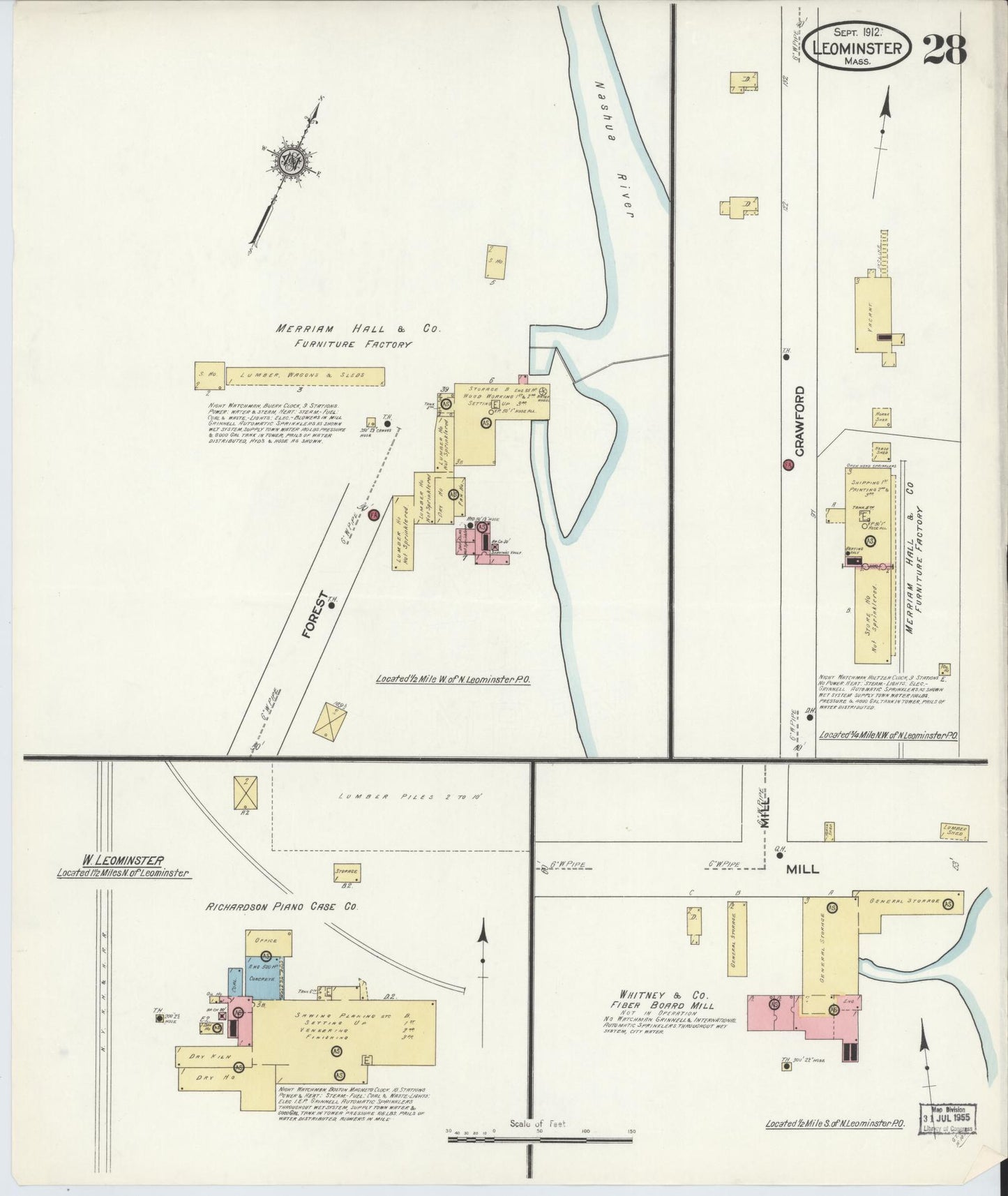 Sanborn Fire Insurance Map from Leominster, Worcester County, Massachusetts (1912), Sheet #0029 - Historic Sanborn Fire Insurance Map Print, vintage old map wall art, antique decor, genealogy gift, Massachusetts Massachusetts map