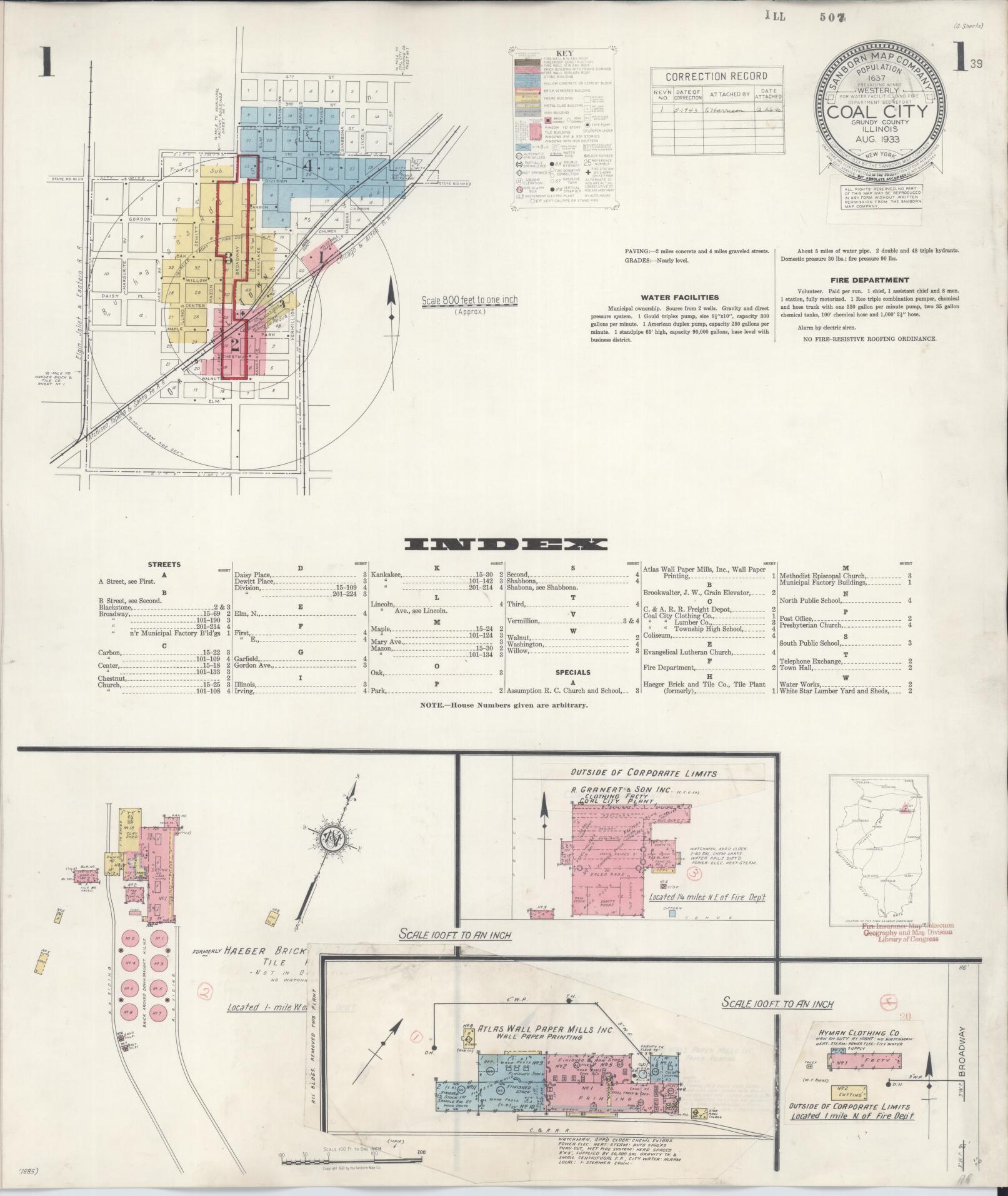 Sanborn Fire Insurance Map from Coal City, Grundy County, Illinois (1943), Sheet #0001 - Complete Map Set gallery image, historic Sanborn map, vintage wall art, Illinois Illinois