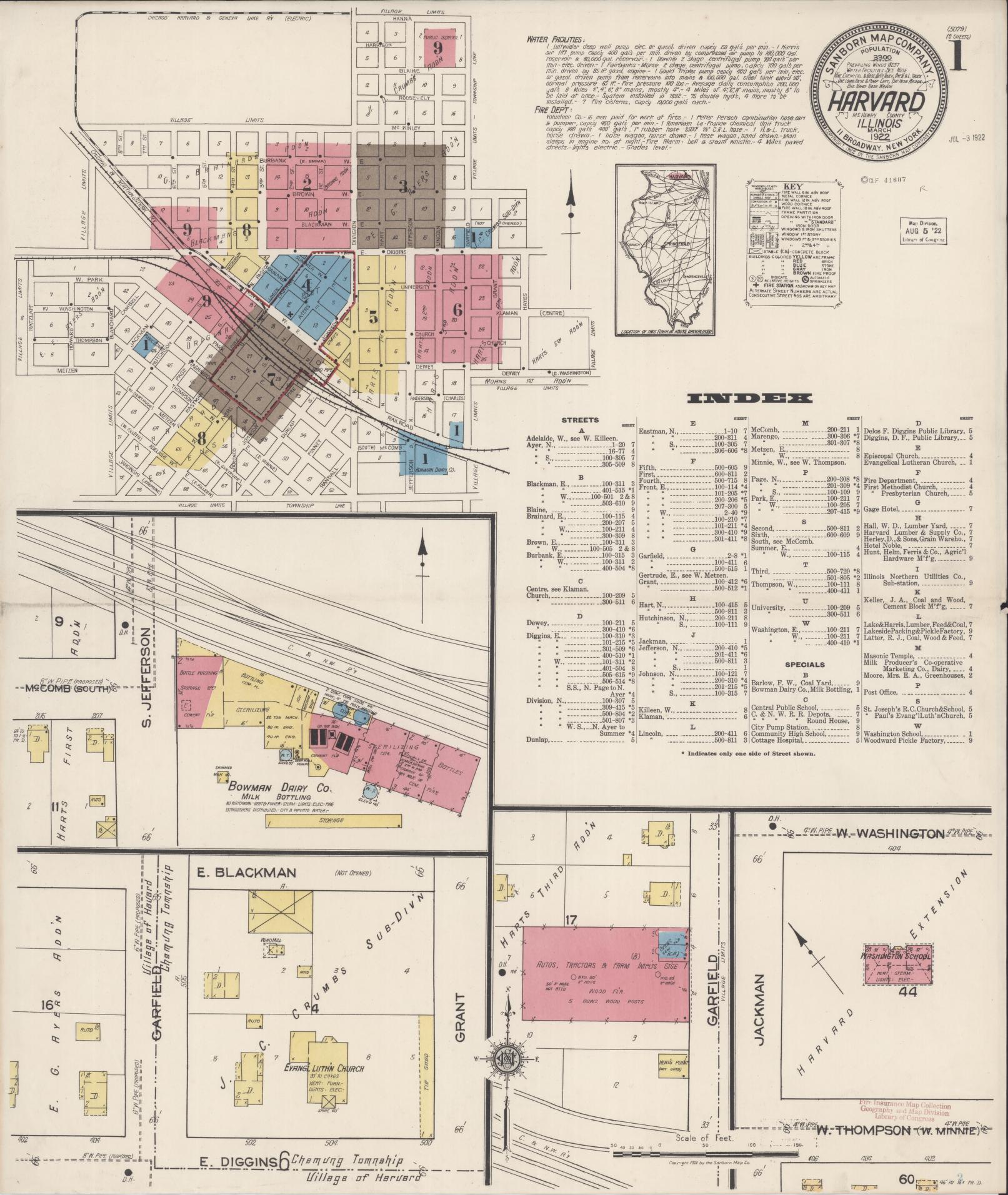 Sanborn Fire Insurance Map from Harvard, McHenry County, Illinois (1922), Sheet #0001 - Complete Map Set gallery image, historic Sanborn map, vintage wall art, Illinois Illinois