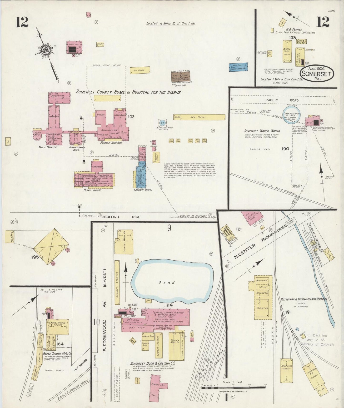 Sanborn Fire Insurance Map from Somerset, Somerset County, Pennsylvania (1924), Sheet #0012 - Historic Sanborn Fire Insurance Map Print, vintage old map wall art, antique decor, genealogy gift, Pennsylvania Pennsylvania map