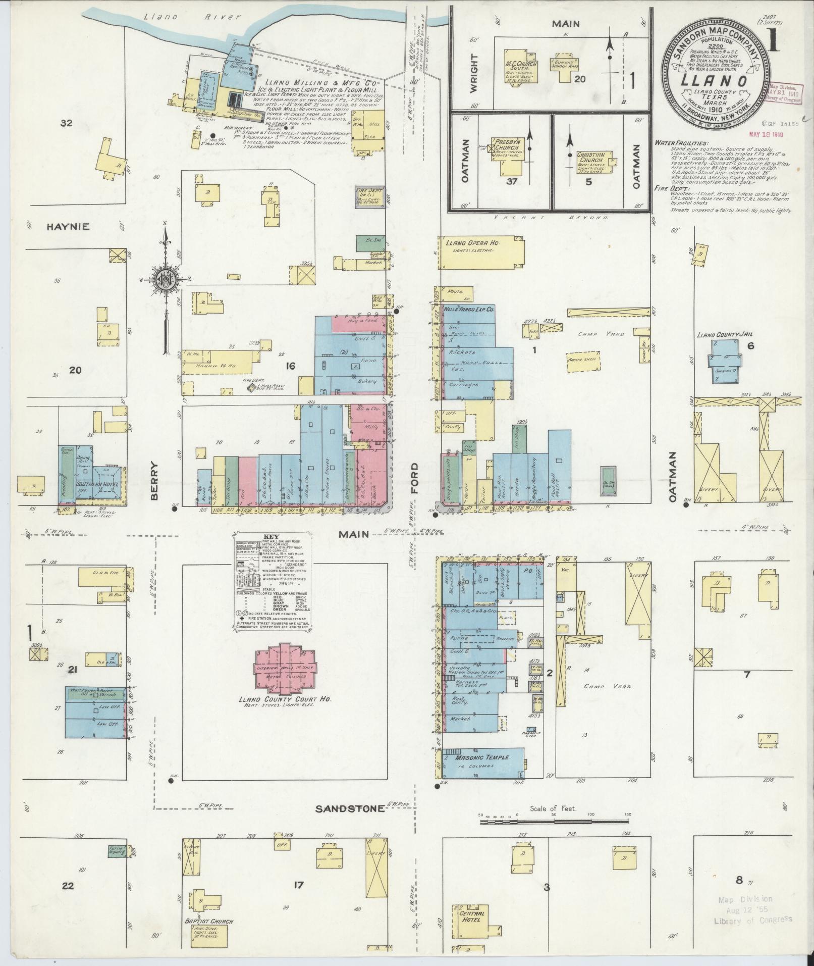 Sanborn Fire Insurance Map from Llano, Llano County, Texas (1910), Sheet #0001 - Historic Sanborn Fire Insurance Map Print, vintage old map wall art, antique decor, genealogy gift, Texas Texas map