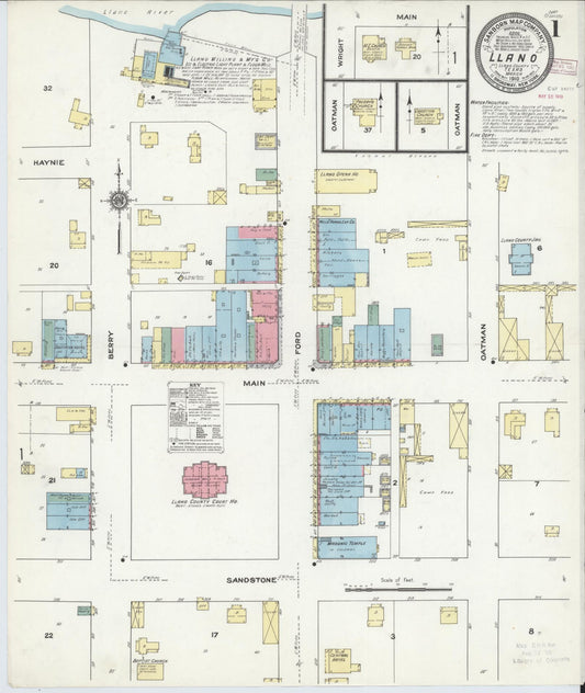 Sanborn Fire Insurance Map from Llano, Llano County, Texas (1910), Sheet #0001 - Historic Sanborn Fire Insurance Map Print, vintage old map wall art, antique decor, genealogy gift, Texas Texas map