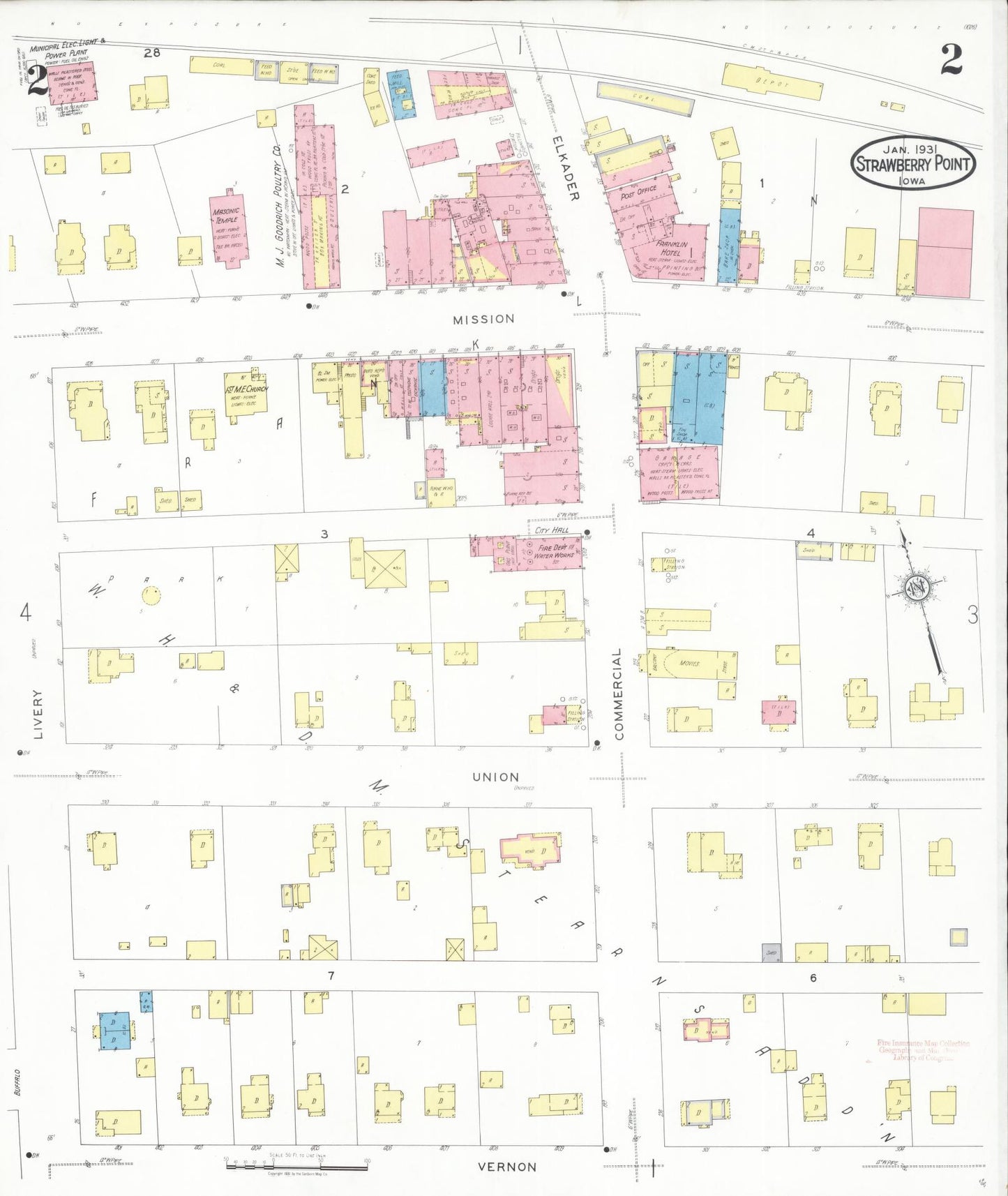 Sanborn Fire Insurance Map from Strawberry Point, Clayton County, Iowa (1931), Sheet #0002 - Historic Sanborn Fire Insurance Map Print, vintage old map wall art