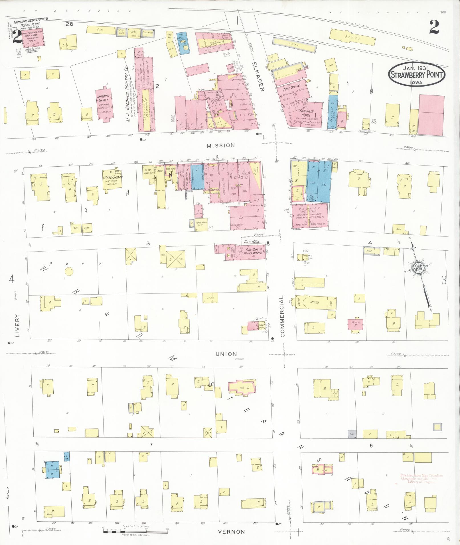 Sanborn Fire Insurance Map from Strawberry Point, Clayton County, Iowa (1931), Sheet #0002 - Historic Sanborn Fire Insurance Map Print, vintage old map wall art