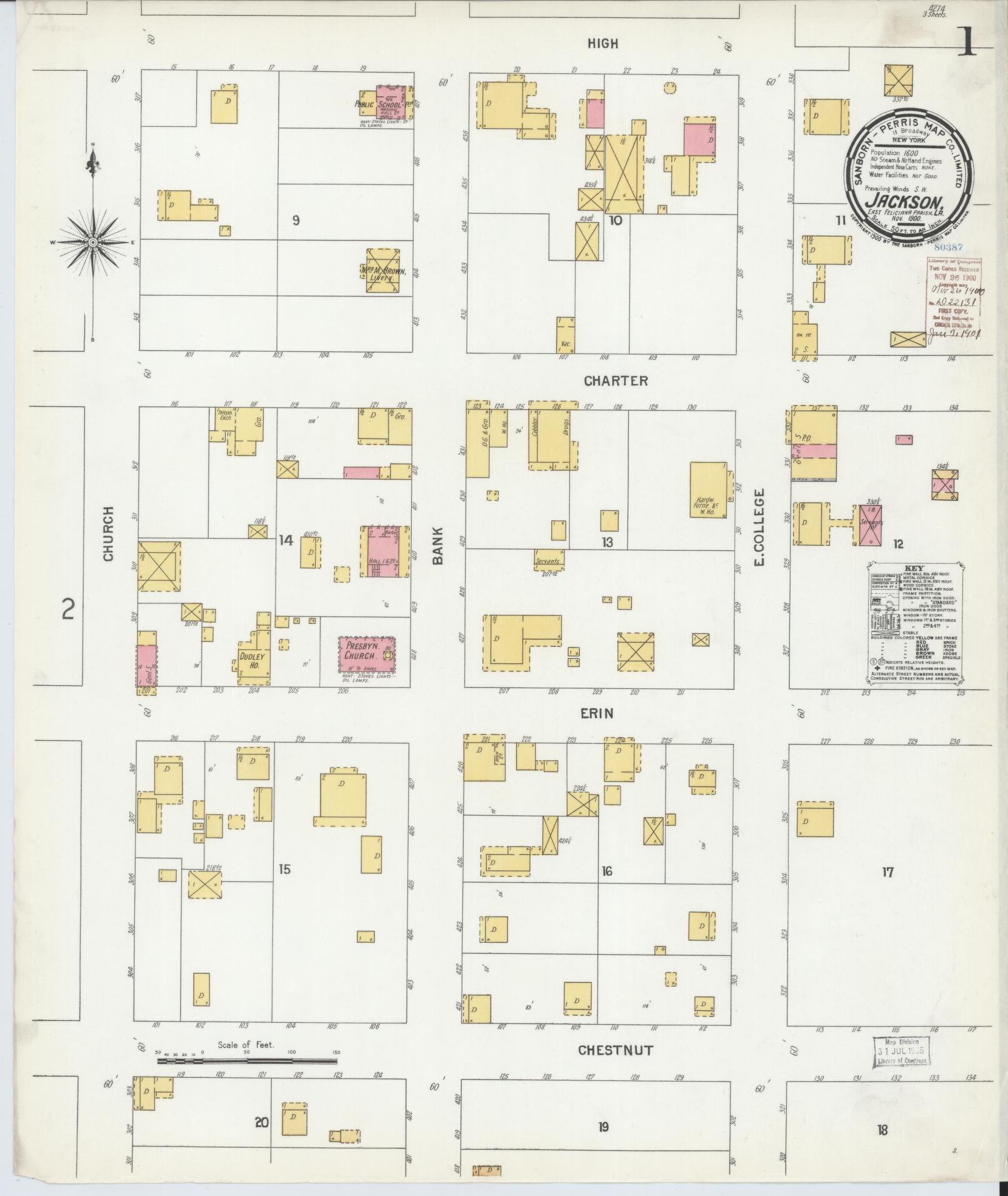 Sanborn Fire Insurance Map from Jackson, East Feliciana Parish, Louisiana (1900), Sheet #0001 - Historic Sanborn Fire Insurance Map Print, vintage old map wall art, antique decor, genealogy gift, Louisiana Louisiana map