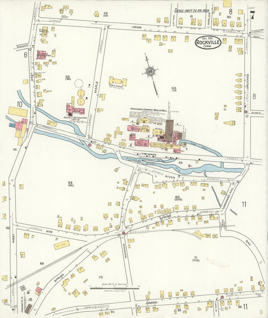 Sanborn Fire Insurance Map from Rockville, Tolland County, Connecticut (1921), Sheet #0007 - Historic Sanborn Fire Insurance Map Print, vintage old map wall art, antique decor, genealogy gift, Connecticut Connecticut map