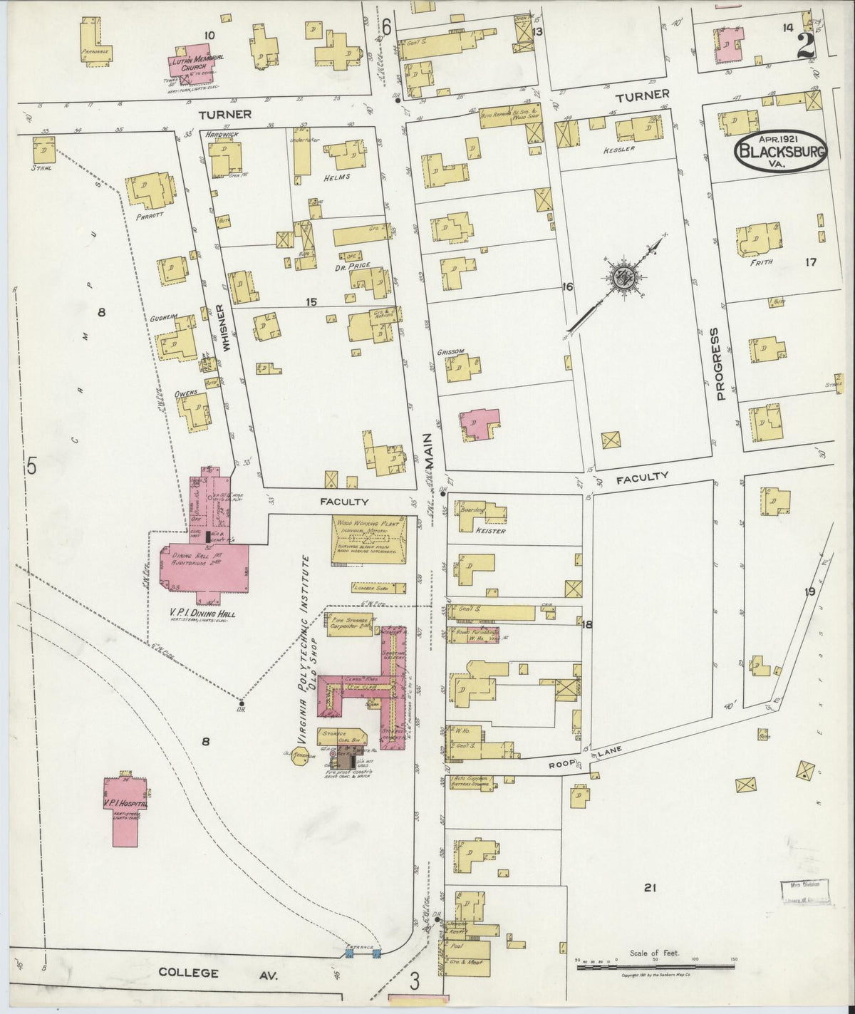 Sanborn Fire Insurance Map from Blacksburg, Montgomery County, Virginia (1921), Sheet #0002 - Complete Map Set gallery image, historic Sanborn map, vintage wall art, Virginia Virginia