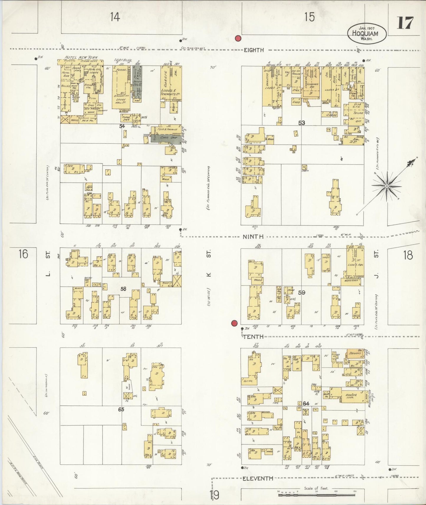 Sanborn Fire Insurance Map from Hoquiam, Grays Harbor County, Washington (1907), Sheet #0017 - Complete Map Set gallery image, historic Sanborn map, vintage wall art, Washington Washington