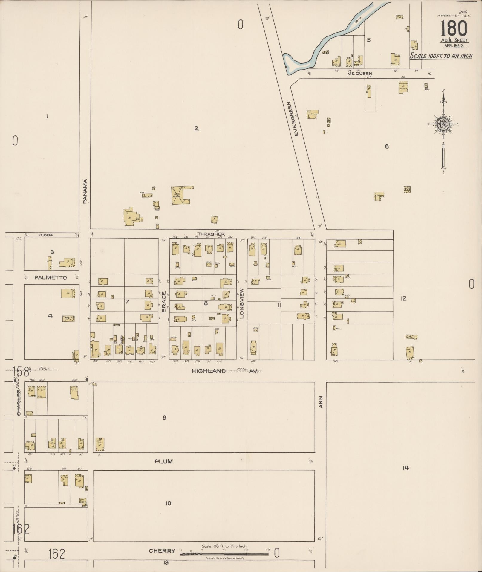 Sanborn Fire Insurance Map from Montgomery, Montgomery County, Alabama (1922), Sheet #0180 - Historic Sanborn Fire Insurance Map Print, vintage old map wall art, antique decor, genealogy gift, Alabama Alabama map