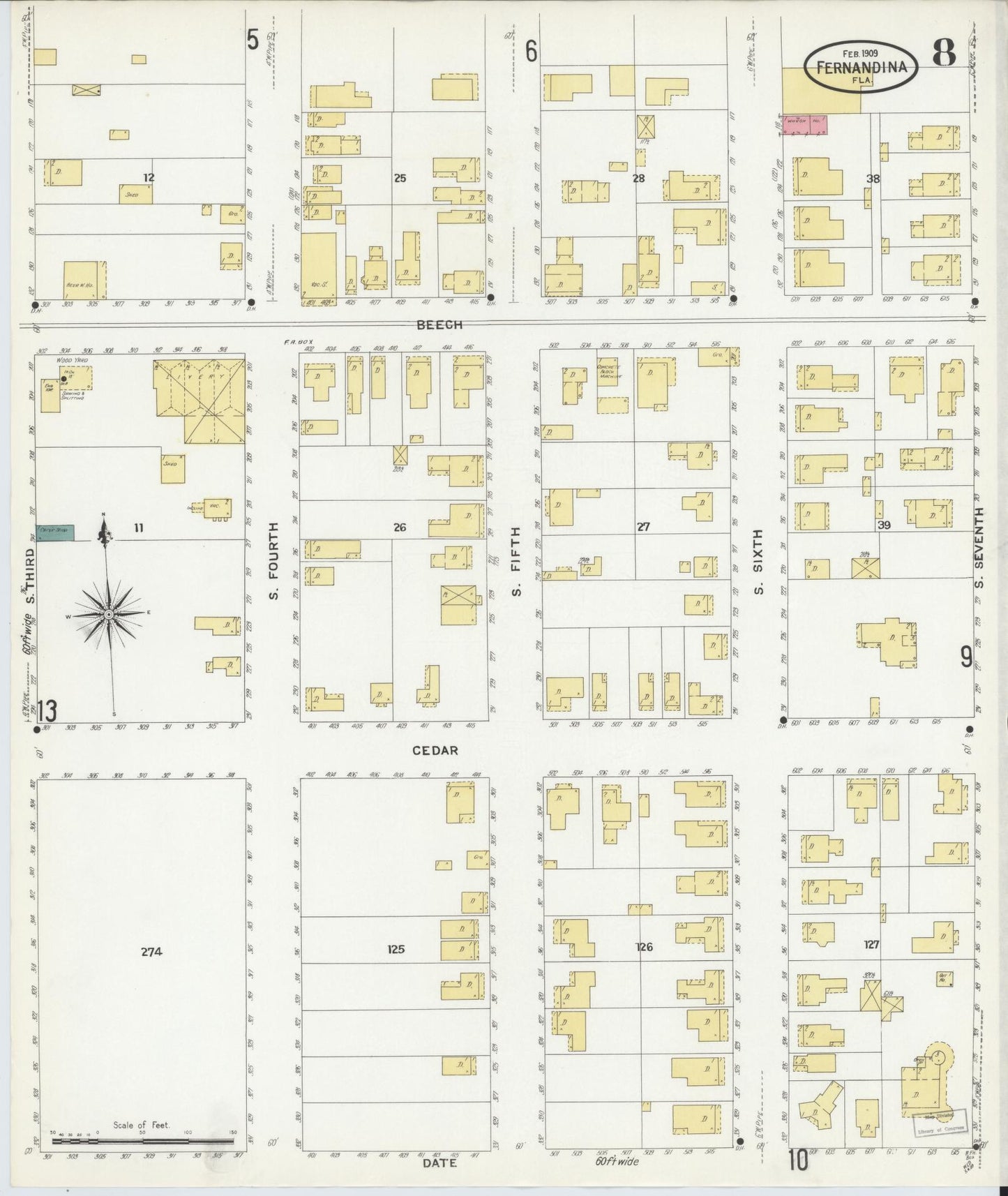 Sanborn Fire Insurance Map from Fernandina, Nassau County, Florida (1909), Sheet #0008 - Historic Sanborn Fire Insurance Map Print, vintage old map wall art, antique decor, genealogy gift, Florida Florida map