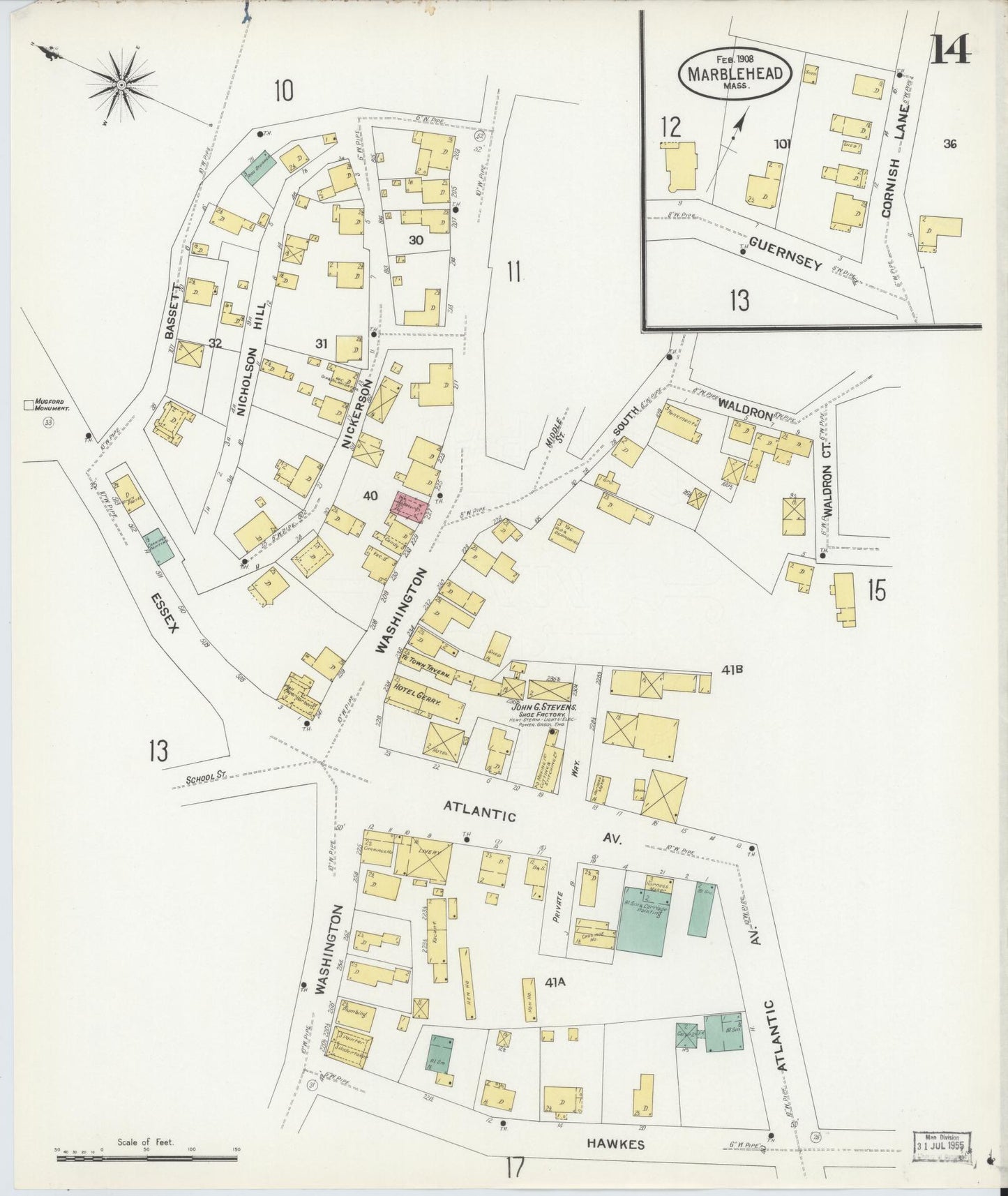 Sanborn Fire Insurance Map from Marblehead, Essex County, Massachusetts (1908), Sheet #0014 - Historic Sanborn Fire Insurance Map Print, vintage old map wall art, antique decor, genealogy gift, Massachusetts Massachusetts map