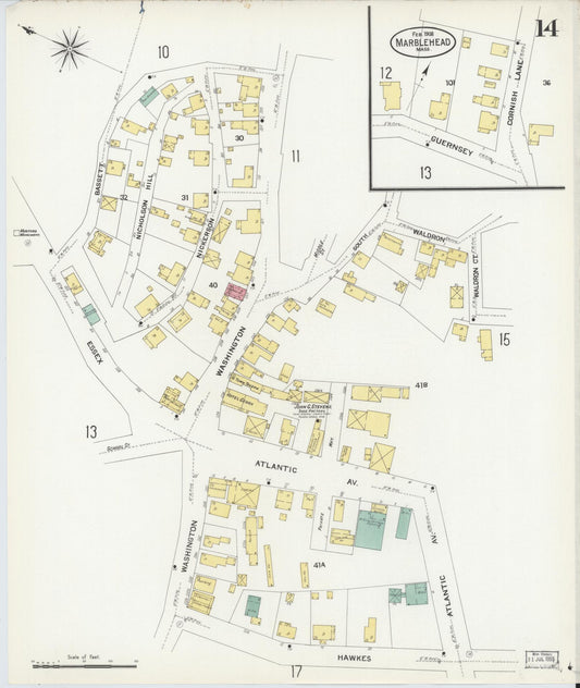 Sanborn Fire Insurance Map from Marblehead, Essex County, Massachusetts (1908), Sheet #0014 - Historic Sanborn Fire Insurance Map Print, vintage old map wall art, antique decor, genealogy gift, Massachusetts Massachusetts map