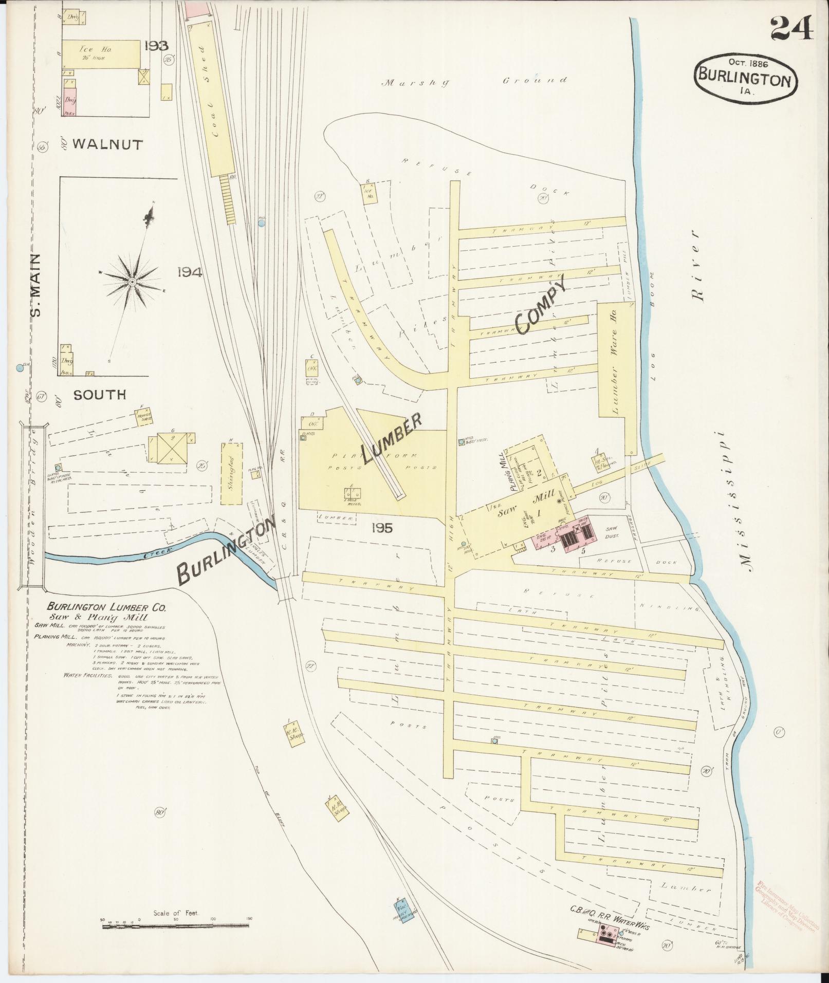 Sanborn Fire Insurance Map from Burlington, Des Moines County, Iowa (1888), Sheet #0024 - Historic Sanborn Fire Insurance Map Print, vintage old map wall art