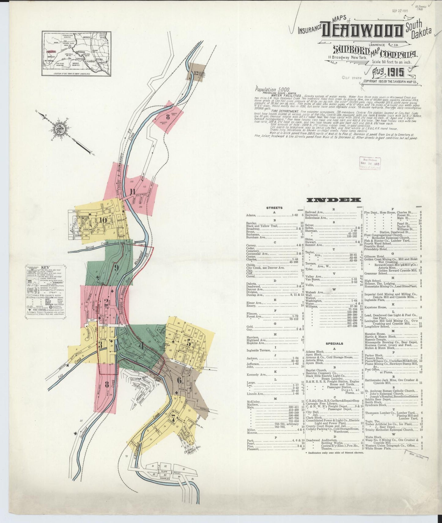 Sanborn Fire Insurance Map from Deadwood, Lawrence County, South Dakota (1915), Sheet #0001 - Historic Sanborn Fire Insurance Map Print, vintage old map wall art, antique decor, genealogy gift, South Dakota South Dakota map