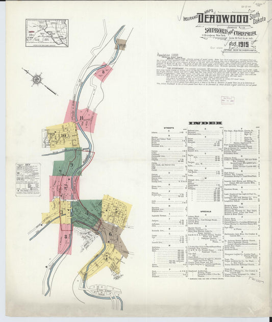 Sanborn Fire Insurance Map from Deadwood, Lawrence County, South Dakota (1915), Sheet #0001 - Historic Sanborn Fire Insurance Map Print, vintage old map wall art, antique decor, genealogy gift, South Dakota South Dakota map