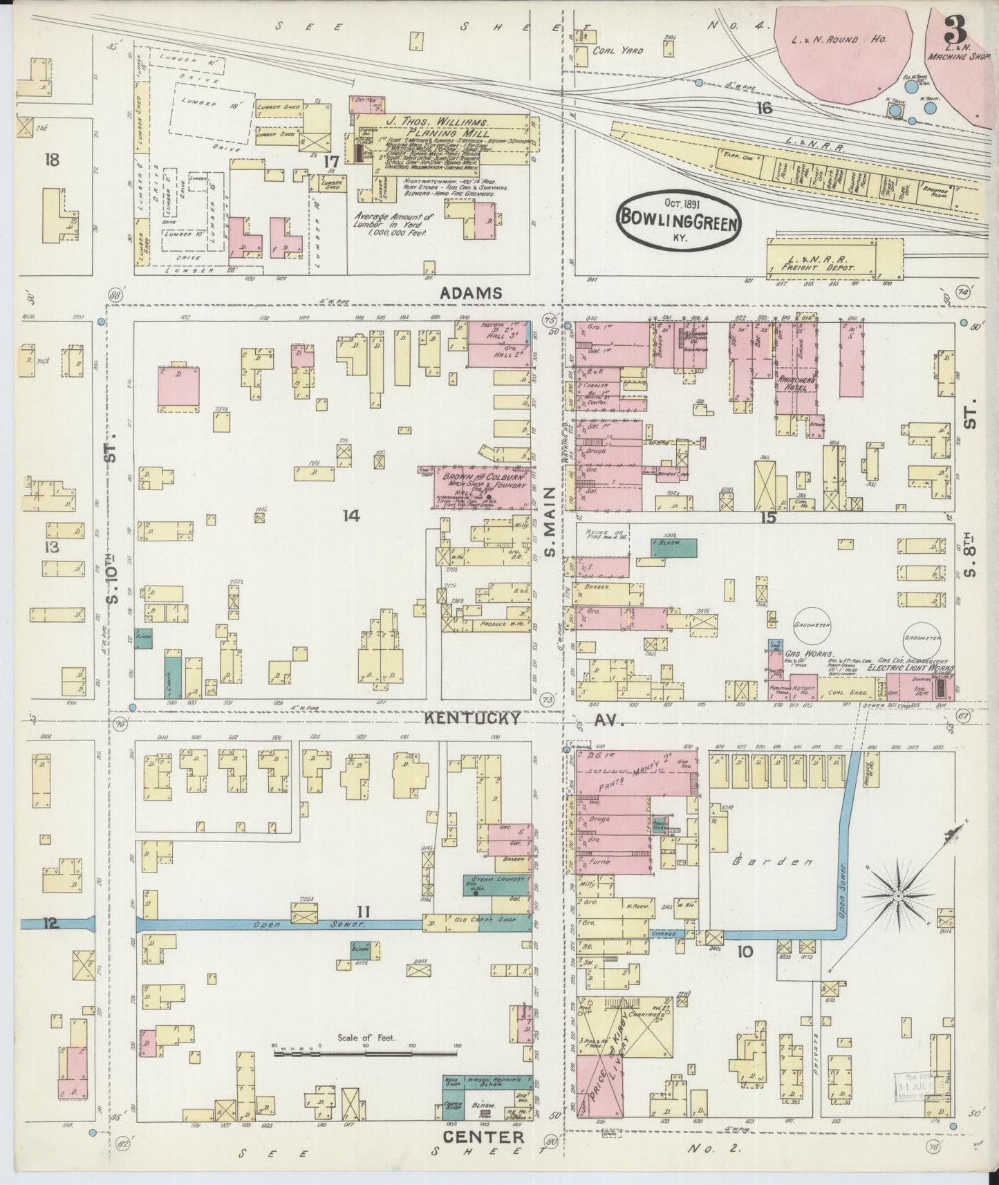 Sanborn Fire Insurance Map from Bowling Green, Warren County, Kentucky (1891), Sheet #0003 - Complete Map Set gallery image, historic Sanborn map, vintage wall art, Kentucky Kentucky