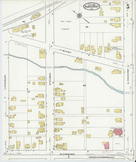 Sanborn Fire Insurance Map from Painted Post, Steuben County, New York (1921), Sheet #0005 - Historic Sanborn Fire Insurance Map Print, vintage old map wall art, antique decor, genealogy gift, New York New York map