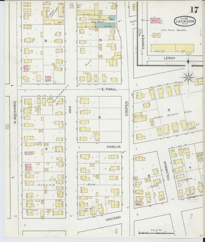 Sanborn Fire Insurance Map from Jackson, Jackson County, Michigan (1893), Sheet #0017 - Historic Sanborn Fire Insurance Map Print, vintage old map wall art, antique decor, genealogy gift, Michigan Michigan map