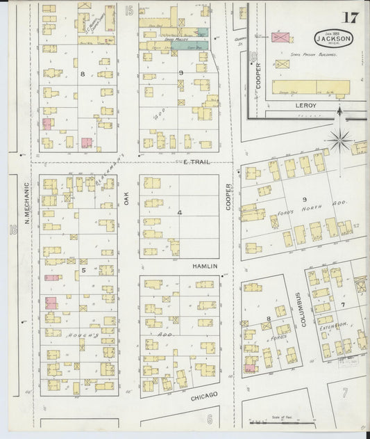 Sanborn Fire Insurance Map from Jackson, Jackson County, Michigan (1893), Sheet #0017 - Historic Sanborn Fire Insurance Map Print, vintage old map wall art, antique decor, genealogy gift, Michigan Michigan map