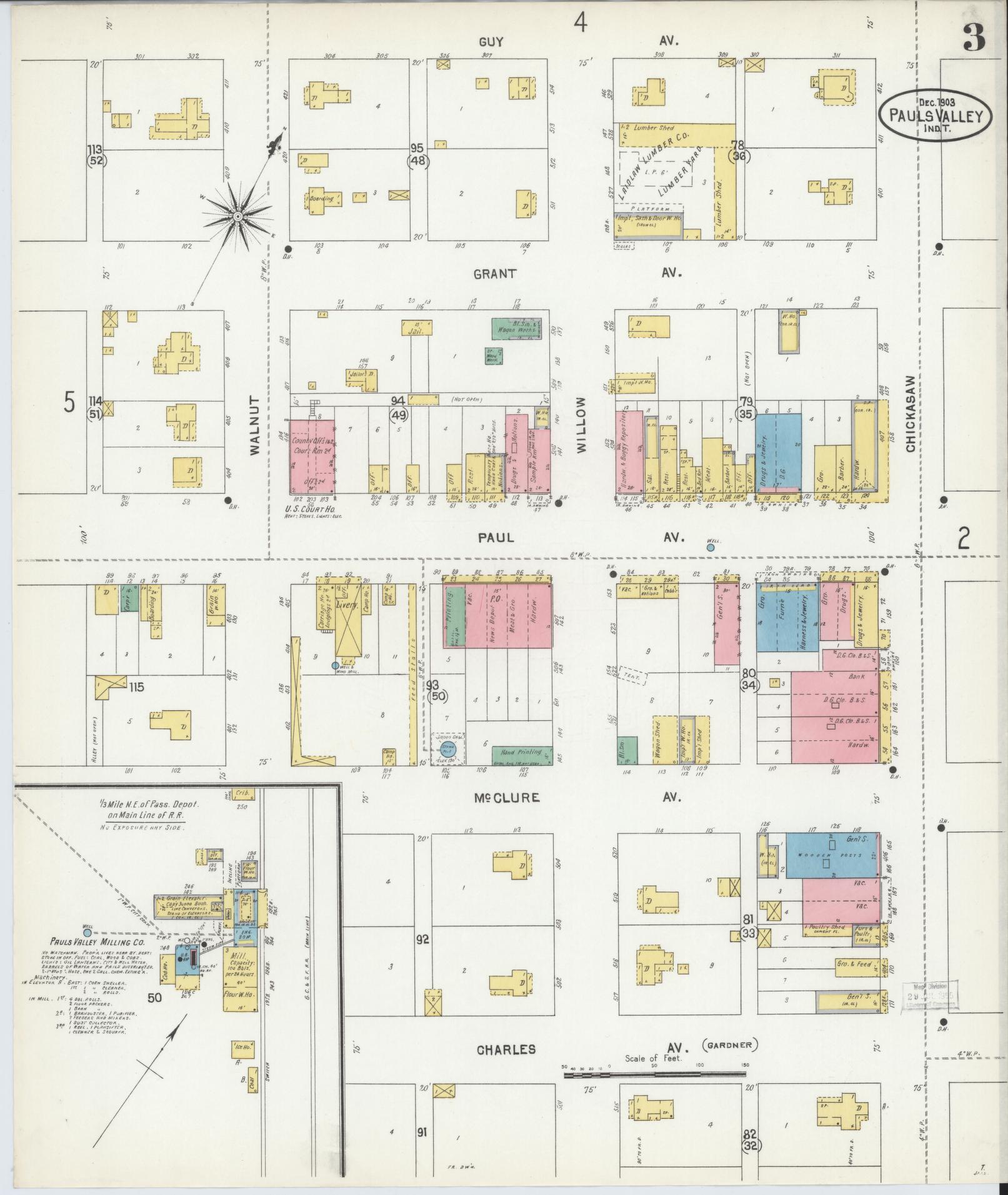 Sanborn Fire Insurance Map from Pauls Valley, Garvin County, Oklahoma (1903), Sheet #0003 - Historic Sanborn Fire Insurance Map Print, vintage old map wall art, antique decor, genealogy gift, Oklahoma Oklahoma map